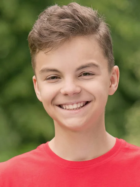 Close Emotional Portrait Caucasian Smiling Teen Boy Head Shot Handsome — Stock Photo, Image