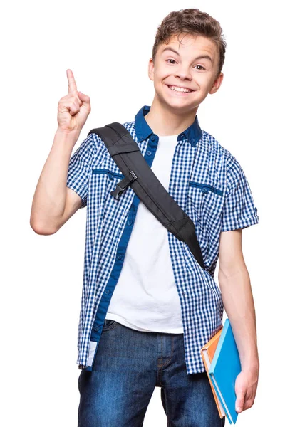 Retrato Adolescente Alegre Con Buena Idea Lindo Colegial Con Bolsa —  Fotos de Stock