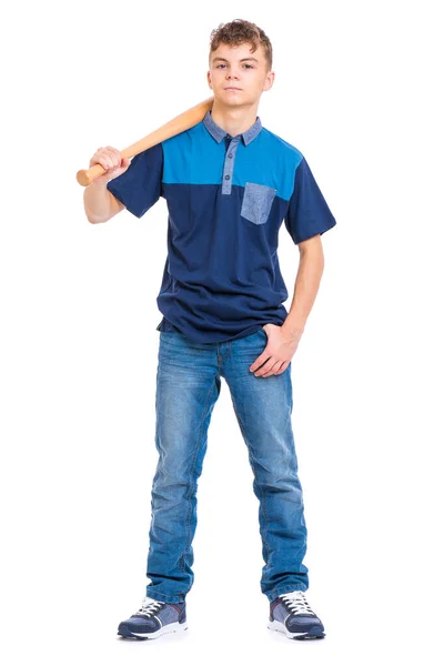 Full Length Portrait Young Caucasian Teen Boy Holding Baseball Bat — Stock Photo, Image
