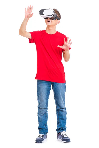 Full Length Portrait Young Caucasian Teen Boy Using Virtual Reality — Stock Photo, Image