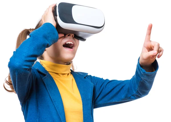 Happy Teen Girl Wearing Virtual Reality Goggles Playing Video Games — Stock Photo, Image