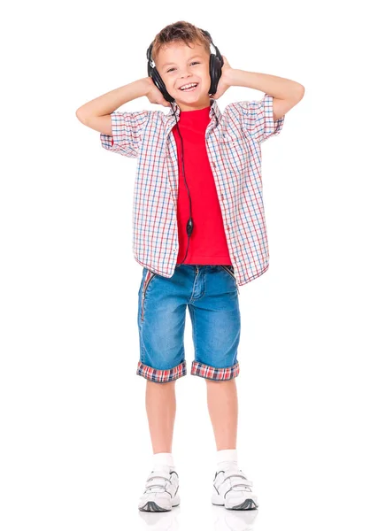 Full Length Portrait Happy Little Boy Headphones Isolated White Background — Stock Photo, Image