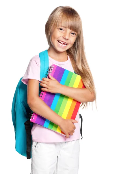 Boldog Kislány Hátizsákkal Fehér Hátterű Könyvekkel Aranyos Gyerek Vissza Iskolába — Stock Fotó