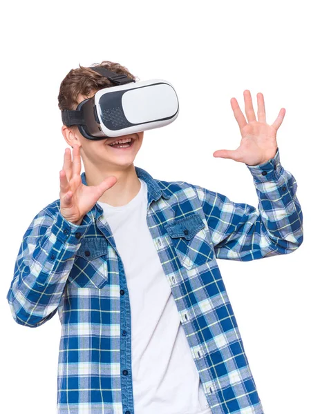 Happy Teen Boy Wearing Virtual Reality Goggles Watching Movies Playing — Stock Photo, Image