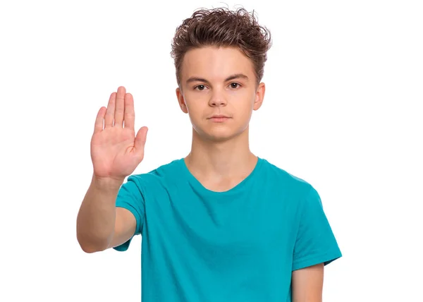 Adolescente Fazendo Sinal Parada Com Palma Mão Isolado Fundo Branco — Fotografia de Stock