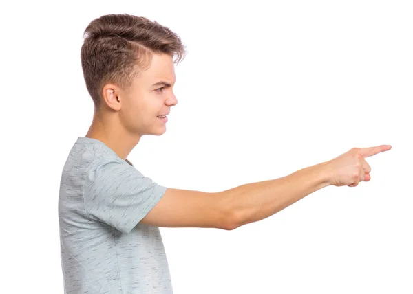 Portrait Teen Boy Pointing Hand Away Copyspace Isolated White Background — Stock Photo, Image