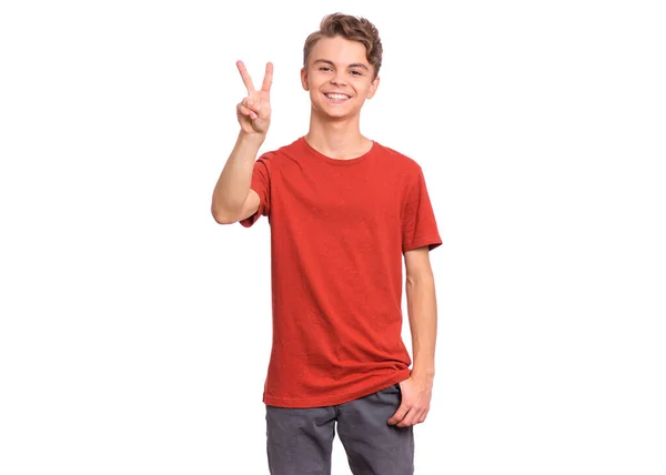 Retrato Adolescente Fazendo Victory Gesture Isolado Fundo Branco Bonito Adolescente — Fotografia de Stock
