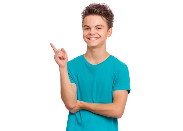 Retrato Adolescente Apontando Dedos Para Espaço Cópia Isolado Fundo Branco — Fotografia de Stock