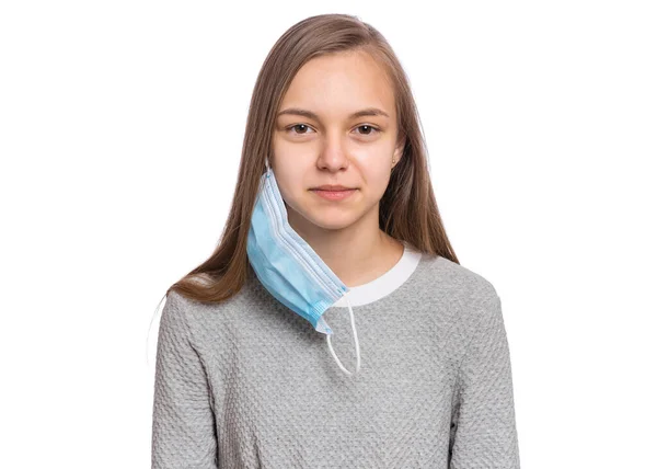 Konsep Karantina Coronavirus Gadis Mengenakan Topeng Pelindung Medis Untuk Perlindungan — Stok Foto