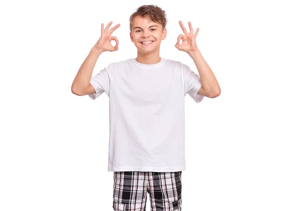 Portrait Teen Boy Making Gesture Isolated White Background Handsome Caucasian — 스톡 사진