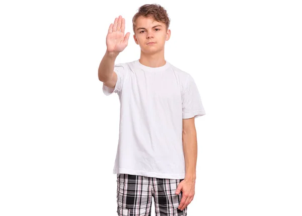 Teen Boy Doing Stop Sign Palm Hand Isolated White Background — Stock Photo, Image