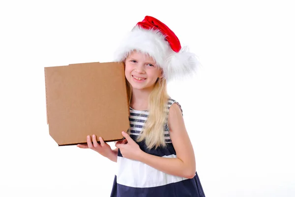 Christmas pizza and fastfood delivery.Blonde smiling girl in santa hat with pizza box in hands on white. Mock up for text or logo. Copyspace.