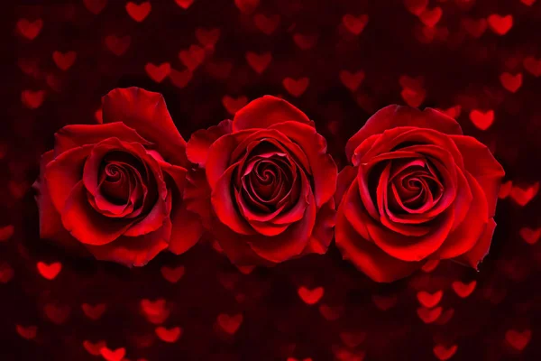 Walentynki kartka z trzema czerwonymi różami na ciemnym sercu boke Tło. Miłość i koncepcja dnia ślubu. — Zdjęcie stockowe