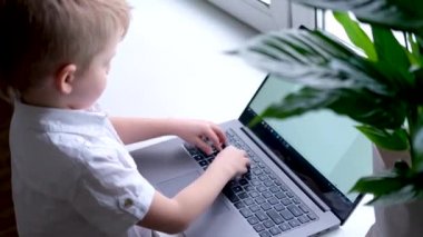 Küçük sarışın çocuk klavye dizüstü bilgisayarında daktilo kullanıyor. Düğmelerdeki parmağa bas. Dijital eğitimler. Bilgisayar teknolojisi, sosyal medya ve internet. 4k görüntü