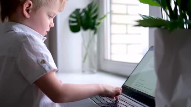 Niño rubio escribiendo en la computadora portátil del teclado. presiona los botones con el dedo. Educación digital. Tecnología informática, redes sociales e Internet. Imágenes de 4k — Vídeo de stock