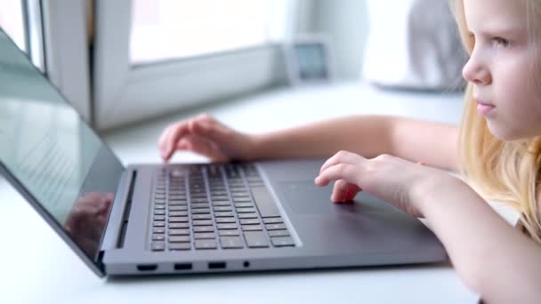小さなブロンドの女の子はノートパソコンで勉強や遊びをしています。ボタンを指で押せ。デジタル教育。コンピュータ技術、ソーシャルメディア、インターネット。4k映像 — ストック動画
