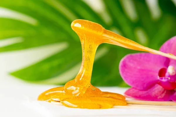 Pasta de azúcar o miel de cera para eliminar el cabello fluye hacia abajo de palitos de espátula de cera de madera. fondo de flores - depilación y concepto de belleza —  Fotos de Stock