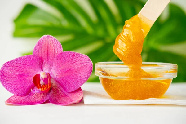 Pasta de azúcar o miel de cera para eliminar el cabello fluye hacia abajo de palitos de espátula de cera de madera. fondo de flores - depilación y concepto de belleza —  Fotos de Stock