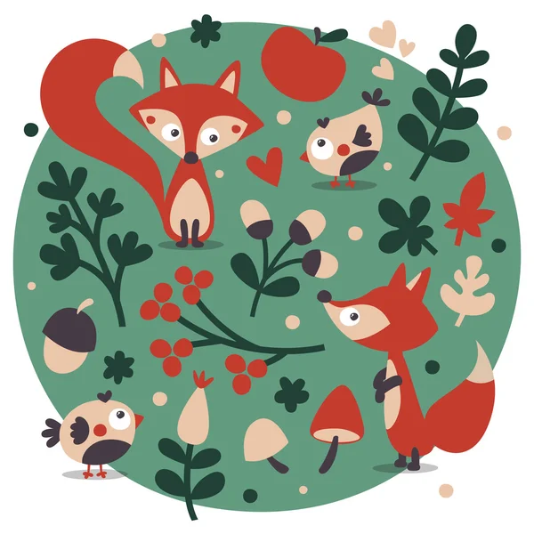 Χαριτωμένο ζώο φθινόπωρο σύνολο φτιαγμένο με αλεπού, πουλί, λουλούδι, εργοστάσιο, φύλλο, μούρο, καρδιά, φίλος, floral, φύση, βελανίδι, μανιτάρι — Διανυσματικό Αρχείο