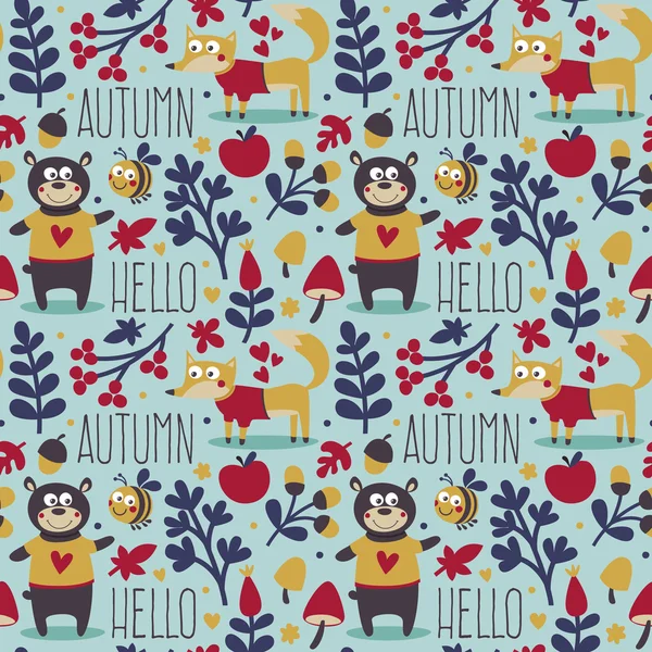 Modèle d'automne animal mignon sans couture fait avec ours, renard, abeille, fleur, plante, feuille, baie, coeur, ami, floral, nature — Image vectorielle