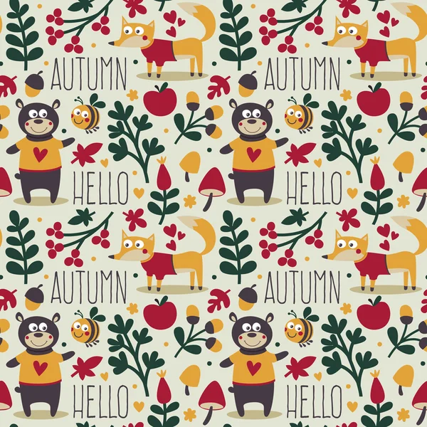 Padrão de outono animal bonito sem costura feito com urso, raposa, abelha, flor, planta, folha, baga, coração, amigos, floral, natureza —  Vetores de Stock