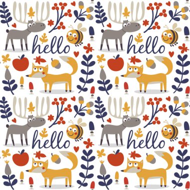 Dikişsiz sevimli hayvan sonbahar desen yapılan fox, geyiği, mus, arı, çiçek, bitki, yaprak, berry, kalp, arkadaş, çiçek, doğa, meşe palamudu, mantar, Merhaba ile