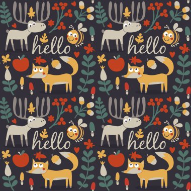 Dikişsiz sevimli hayvan sonbahar desen yapılan fox, geyiği, mus, arı, çiçek, bitki, yaprak, berry, kalp, arkadaş, çiçek, doğa, meşe palamudu, mantar, vahşi ile