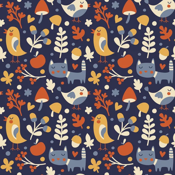 Modèle d'automne mignon sans couture fait avec chat, oiseau, fleur, plante, feuille, baie, coeur, ami, floral, nature, gland — Image vectorielle