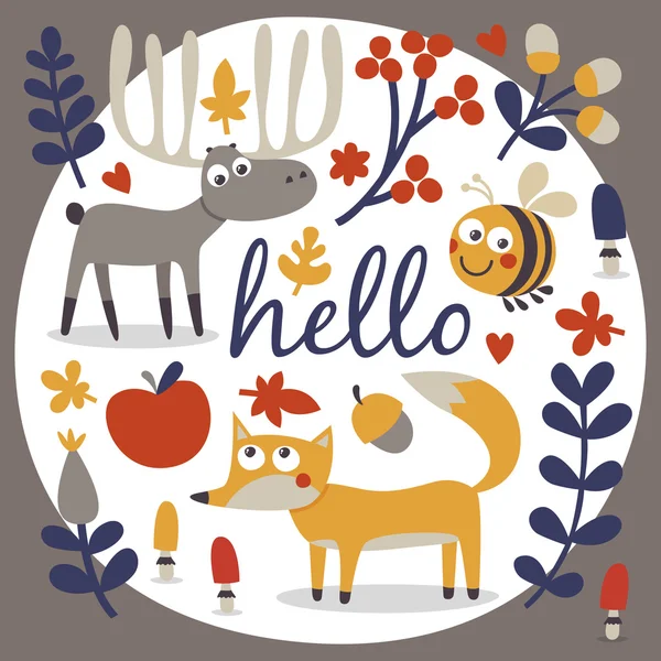 Lindo conjunto de otoño con zorro, ciervo, alce, abeja, flor, planta, hoja, baya, corazón, amigo, floral, naturaleza,, bellota, seta — Vector de stock