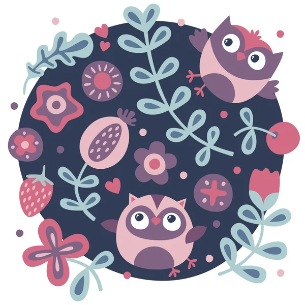 Cute set with owl, flowers, plants, leaf, berry, heart — Stock Vector