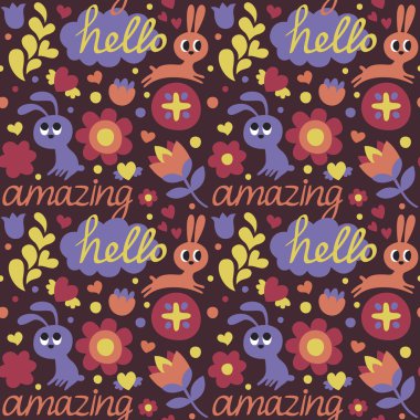 Yapılan tavşan, tavşan, çiçek, kalp, bitkiler, kelime Merhaba ile seamless sevimli hayvan modeli