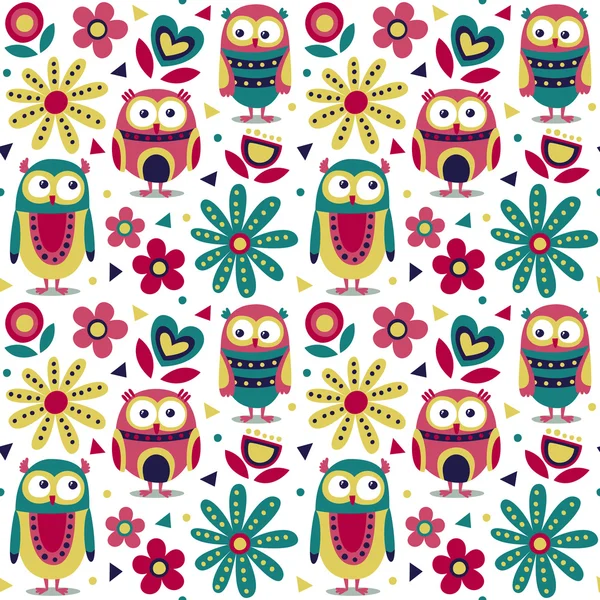 New cute animal seamless pattern made with owls, flowers, nature, plants, leaves, triangles, circles — Stock Vector