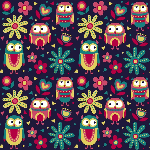 Nouveau motif animal mignon sans couture fait avec des hiboux, fleurs, nature, plantes, feuilles, triangles, cercles — Image vectorielle