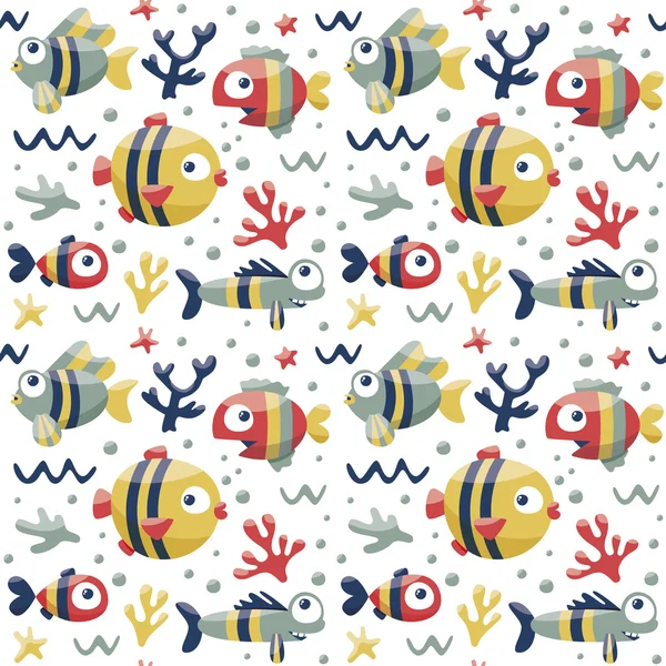 Marine cute seamless pattern with fishes, algae, starfish, coral, seabed, bubble — Stock Vector