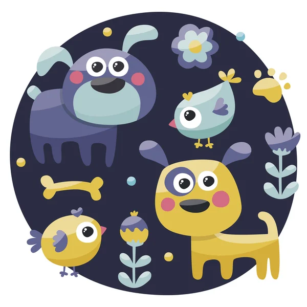 Set de animales hecho con perro, pájaros, flores, pata, traza, plantas, bayas, naturaleza — Vector de stock