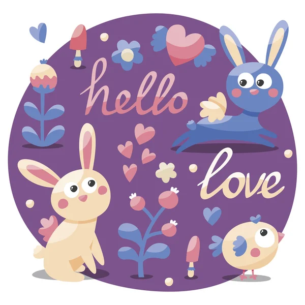 토끼, 토끼, 꽃, 동물, 식물, 마음, 사랑, 안녕하세요, 베리, 발렌타인 데이, 연인, 커플 엽서와 원활한 귀여운 세트 — 스톡 벡터