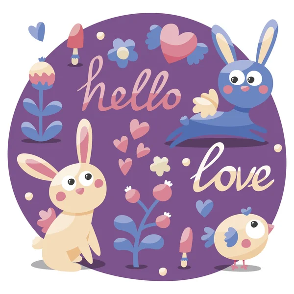 Conjunto lindo sin costuras hecho con conejo, liebre, flores, animales, plantas, corazones, amor, hola, baya, día de San Valentín, amantes, postal de pareja — Vector de stock