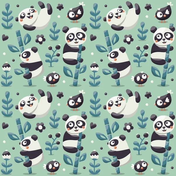 Panda ve bambu, bitkiler, orman, kuş, berry, çiçekler ile Seamless şirin modeli