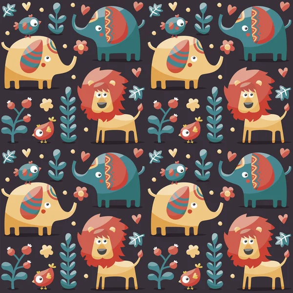 Seamless cute pattern made with elephants, lion,giraffe, birds, plants, jungle, flowers, hearts, leafs, stone, berry for kids — Stockový vektor