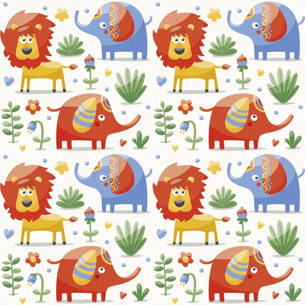 Seamless cute pattern made with elephants, lion,giraffe, birds, plants, jungle, flowers, hearts, leafs, stone, berry for kids — Stock Vector