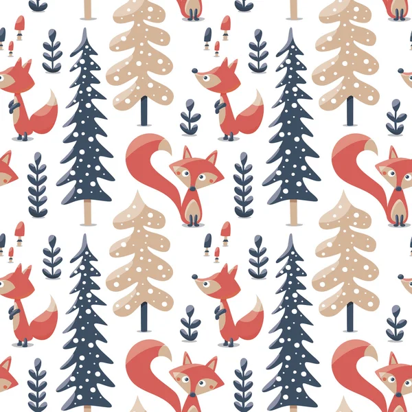 キツネ、木、植物、キノコで作られたかわいい冬のシームレス パターン — ストックベクタ