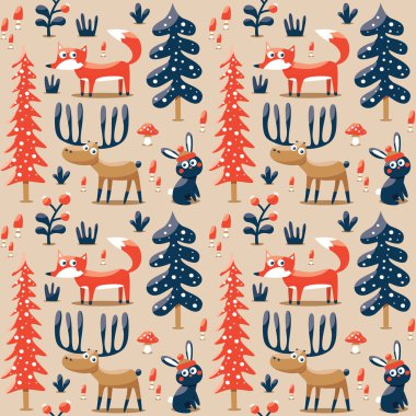 Yeni sorunsuz sevimli Kış Noel desen yaptı tilki, tavşan, mantar, çalılar, bitkiler, kar, ağaç