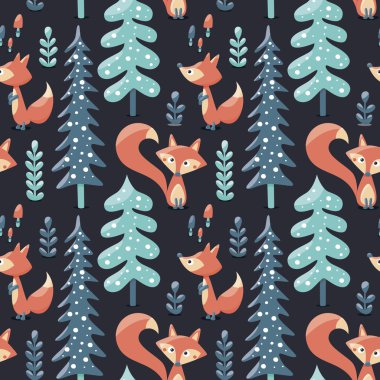 Yapılan tilki, ağaçlar, bitkiler, mantarlar ile sorunsuz sevimli kış desen