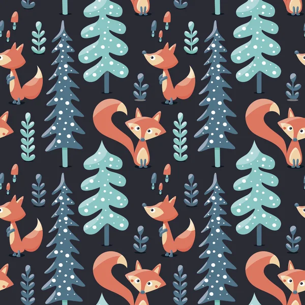 Sömlös söt vinter mönster med rävar, träd, växter, svamp — Stock vektor