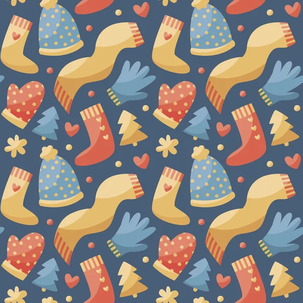 Mignon motif de Noël d'hiver sans couture fait avec des vêtements, chapeau, écharpe, gants, mitaines, coeur, arbre — Image vectorielle