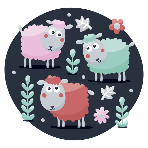 Lindo conjunto hecho con ovejas, flores, animales, plantas y bulbos — Vector de stock
