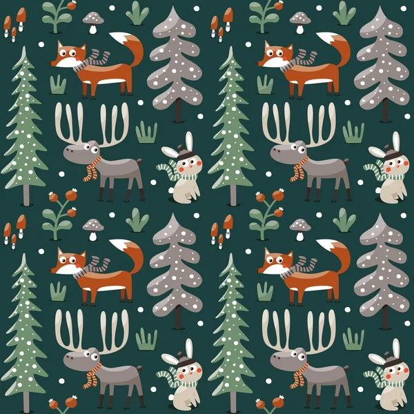 Bezešvé roztomilý zimní vánoční vzor se liška, králík, houby, moose, keře, rostliny, sníh, strom — Stockový vektor