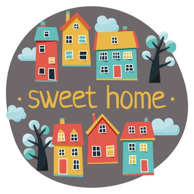 Şirin evler ağaçlar ve bulutlar kümesi