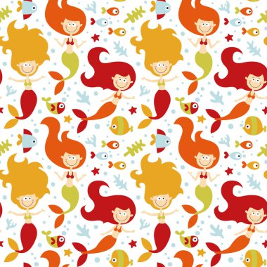 Deniz kızları, Balık ve deniz yosunu ile seamless sevimli deniz modeli