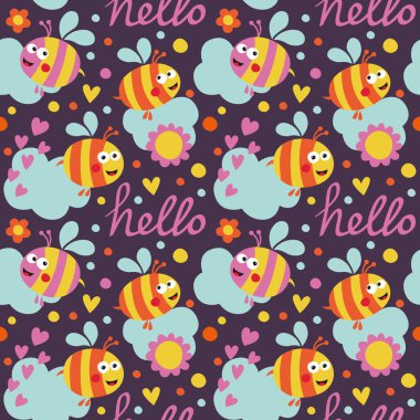 Dikişsiz şirin desen arı ve çocuklar için daireler ile işaretlenmiş